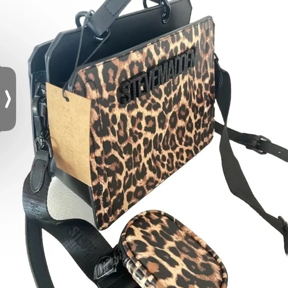 NWT STEVE MADDEN Bevelyn LEOPARD SATCHEL CROSSBODY BAG Black RHINESTONE TIKTOK‎